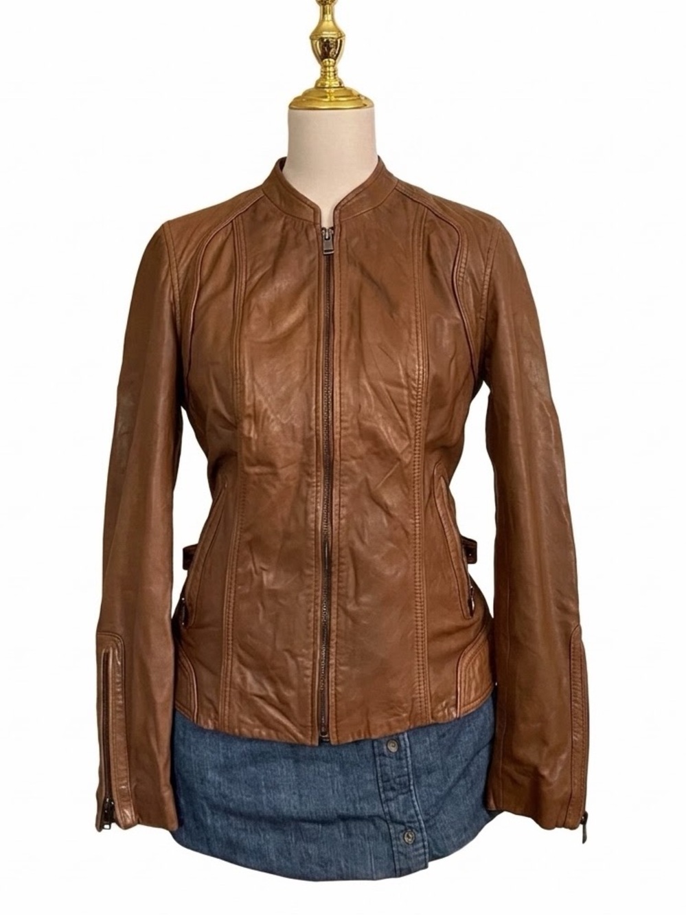 LAMARQUE Genuine Leather Moto Jacket in Cognac Tan - Women's XS